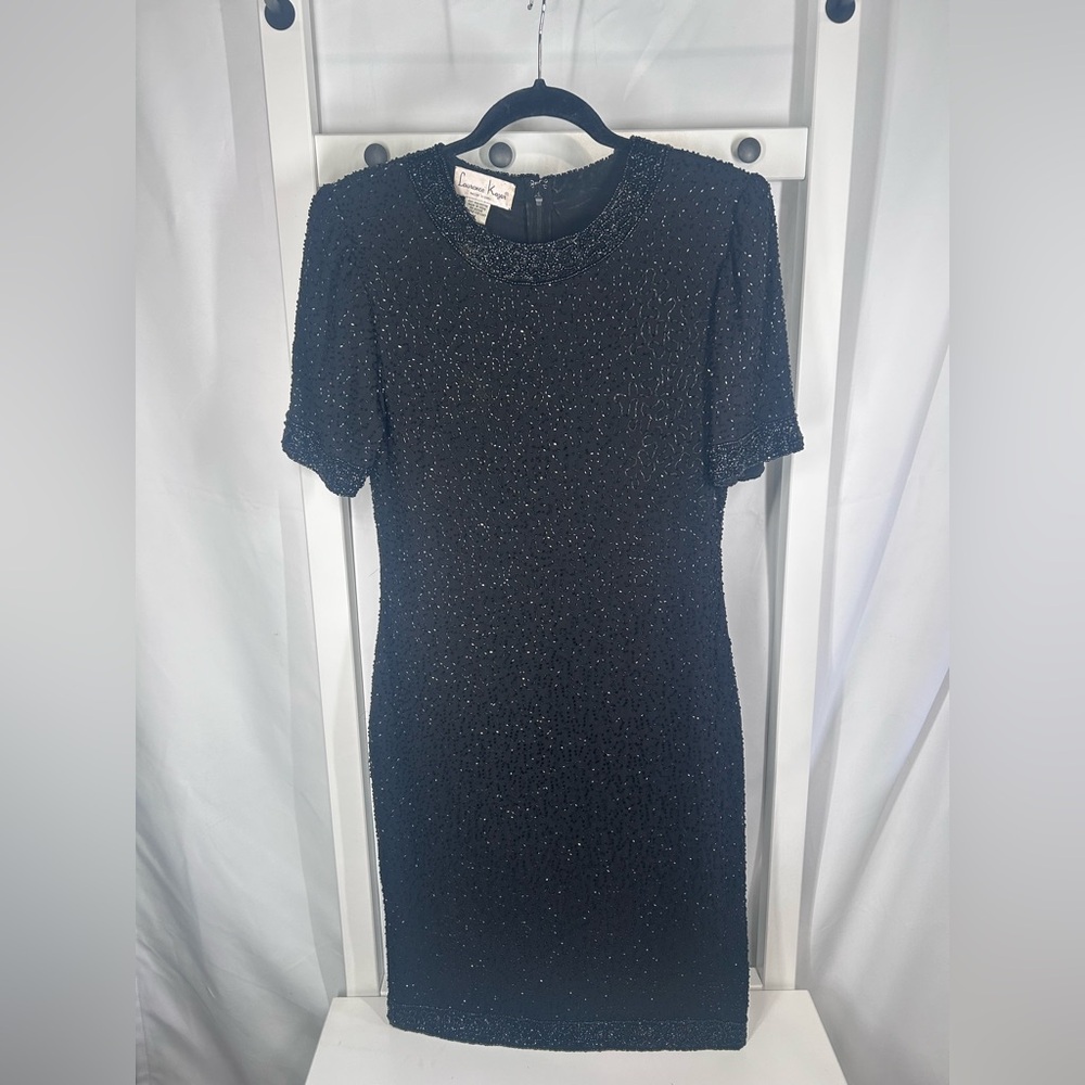 Vintage Laurence Kazar NY Beaded Dress Black Sheath Midi Cocktail Size Medium